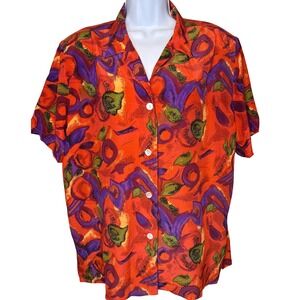 Vintage Fu Da Womens 100% Silk Red Purple Print Button Up Shirt Sz L 90s Artsy